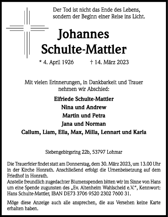 Anzeige von Johannes Schulte-Mattler von Kölner Stadt-Anzeiger / Kölnische Rundschau / Express