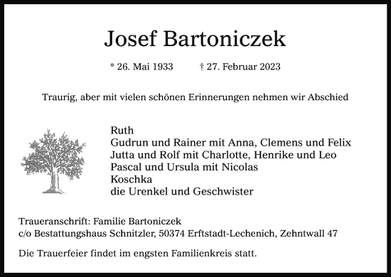 Anzeige von Josef Bartoniczek von Kölner Stadt-Anzeiger / Kölnische Rundschau / Express