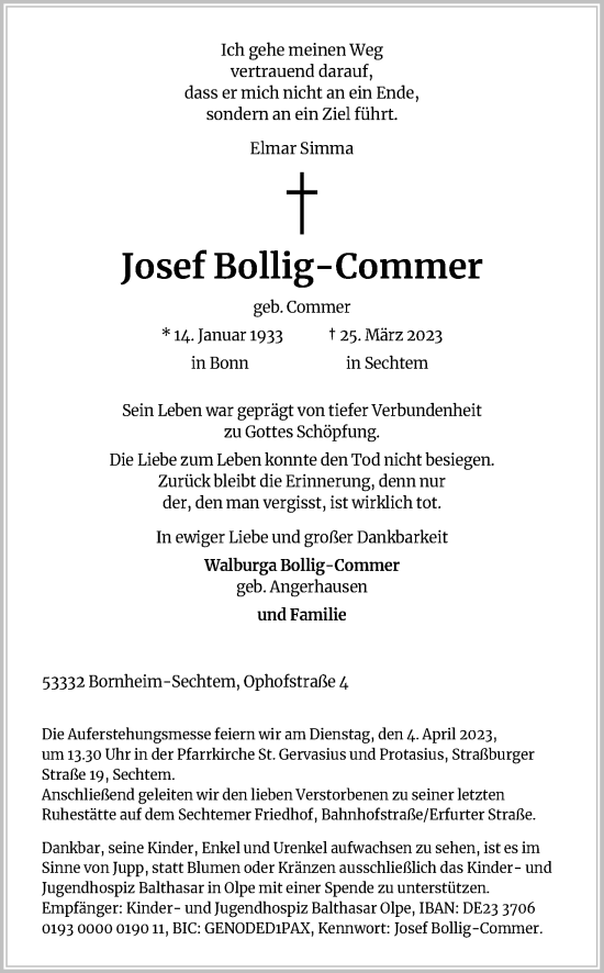 Anzeige von Josef Bollig-Commer von Kölner Stadt-Anzeiger / Kölnische Rundschau / Express