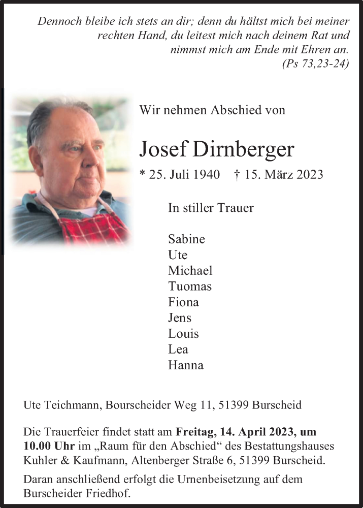  Traueranzeige für Josef Dirnberger vom 01.04.2023 aus Kölner Stadt-Anzeiger / Kölnische Rundschau / Express