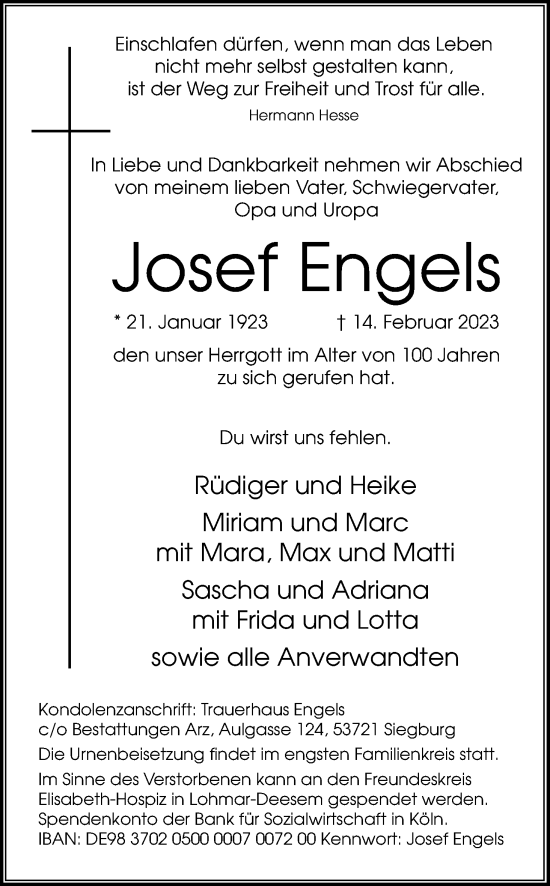 Anzeige von Josef Engels von Kölner Stadt-Anzeiger / Kölnische Rundschau / Express