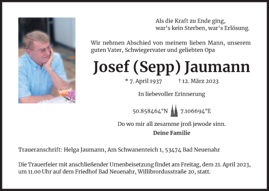 Anzeige von Josef Jaumann von Kölner Stadt-Anzeiger / Kölnische Rundschau / Express