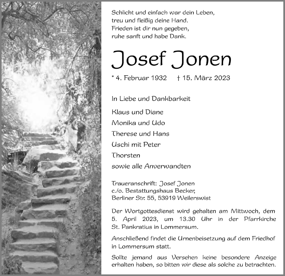  Traueranzeige für Josef Jonen vom 18.03.2023 aus  Blickpunkt Euskirchen 