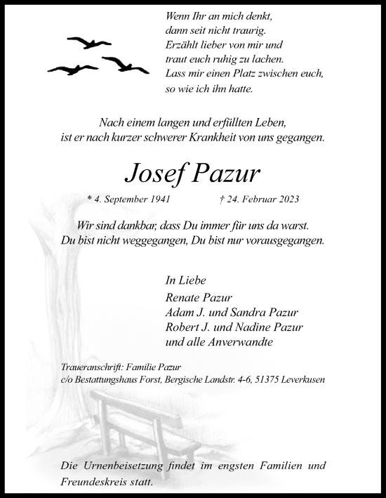 Anzeige von Josef Pazur von Kölner Stadt-Anzeiger / Kölnische Rundschau / Express