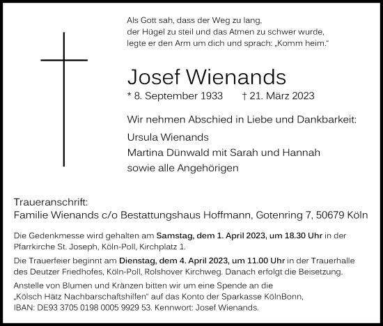Anzeige von Josef Wienands von Kölner Stadt-Anzeiger / Kölnische Rundschau / Express