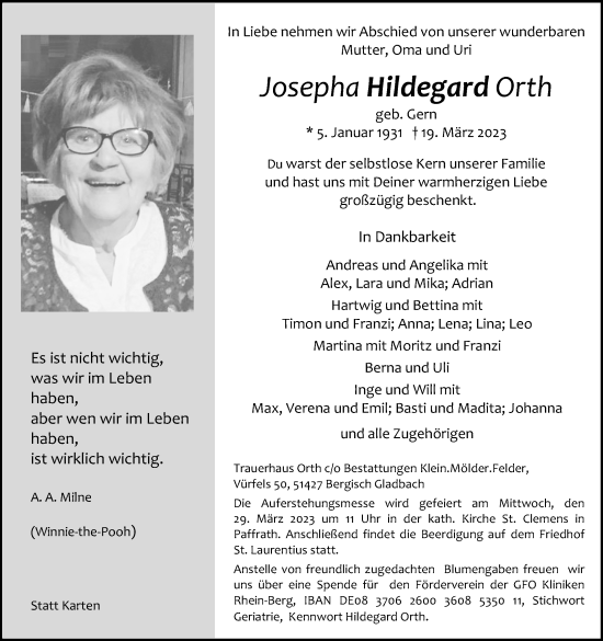 Anzeige von Josepha Hildegard Orth von Kölner Stadt-Anzeiger / Kölnische Rundschau / Express