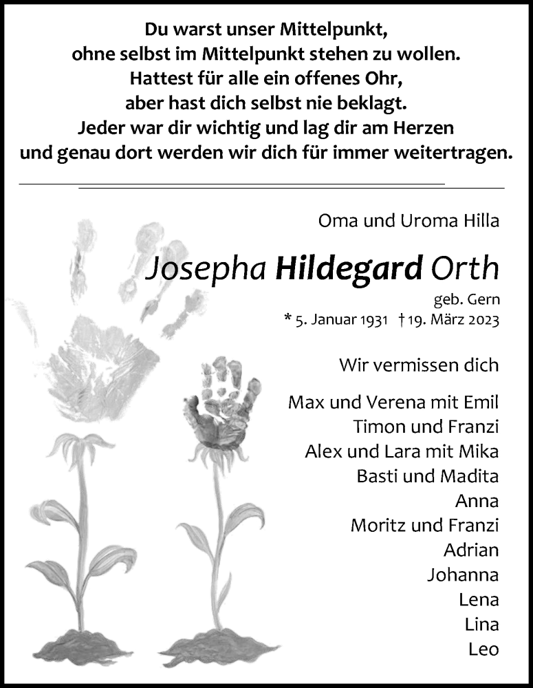  Traueranzeige für Josepha Hildegard Orth vom 25.03.2023 aus Kölner Stadt-Anzeiger / Kölnische Rundschau / Express