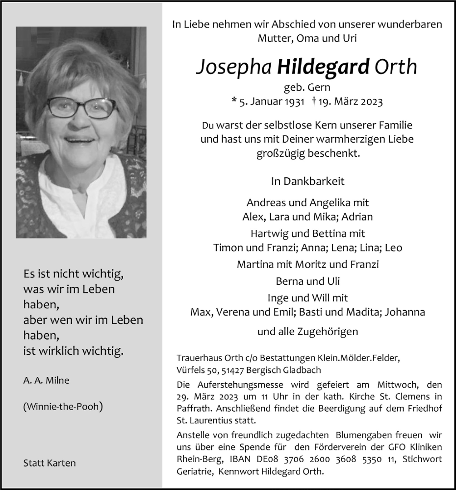  Traueranzeige für Josepha Hildegard Orth vom 24.03.2023 aus  Bergisches Handelsblatt 