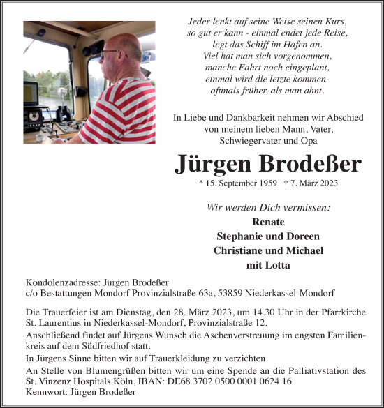 Anzeige von Jürgen Brodeßer von Kölner Stadt-Anzeiger / Kölnische Rundschau / Express