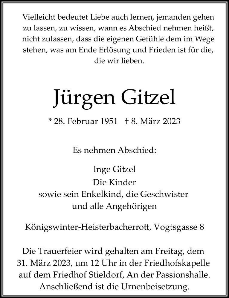  Traueranzeige für Jürgen Gitzel vom 24.03.2023 aus  Extra Blatt 