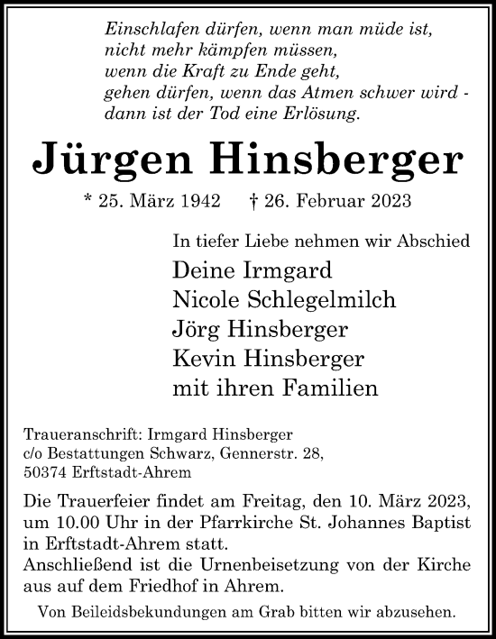 Anzeige von Jürgen Hinsberger von Kölner Stadt-Anzeiger / Kölnische Rundschau / Express