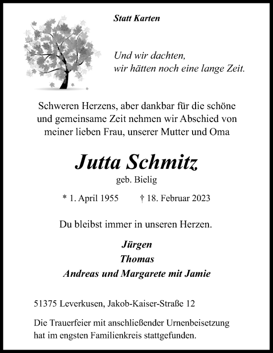 Anzeige von Jutta Schmitz von Kölner Stadt-Anzeiger / Kölnische Rundschau / Express