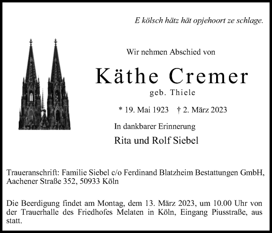 Anzeige von Käthe Cremer von Kölner Stadt-Anzeiger / Kölnische Rundschau / Express