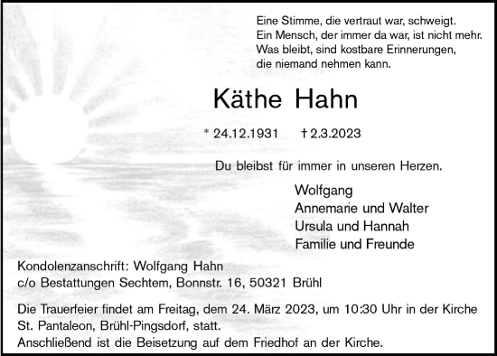 Anzeige von Käthe Hahn von  Schlossbote/Werbekurier 