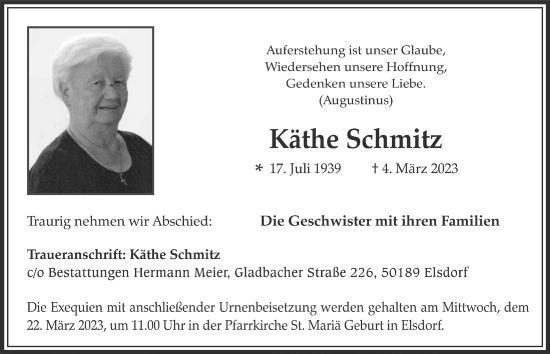 Anzeige von Käthe Schmitz von  Werbepost 
