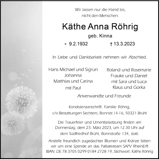 Anzeige von Käthe Anna Röhrig von  Schlossbote/Werbekurier 