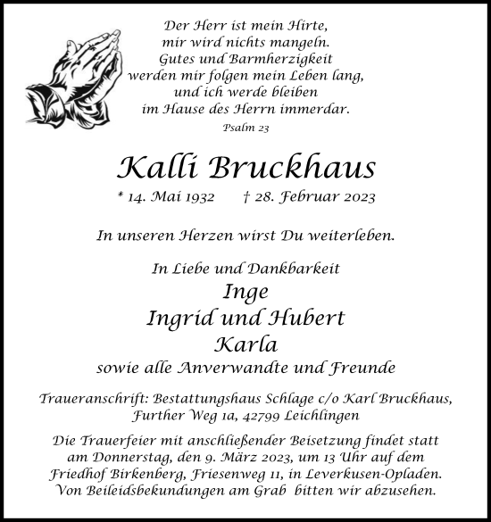 Anzeige von Kalli Bruckhaus von Kölner Stadt-Anzeiger / Kölnische Rundschau / Express