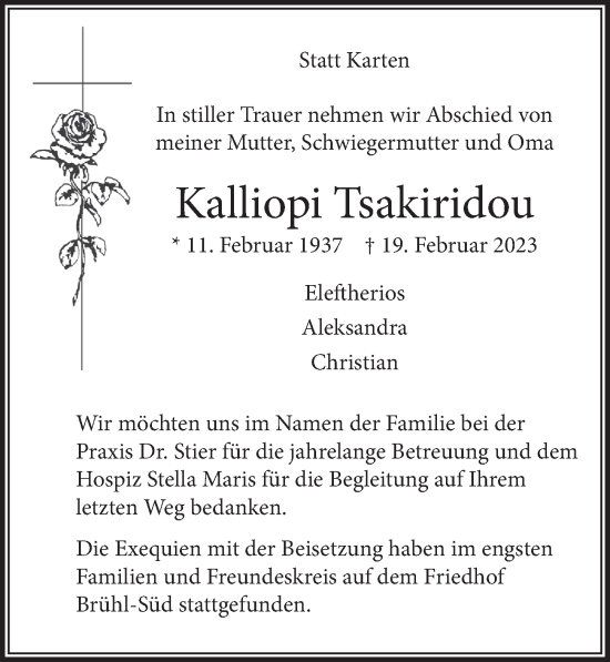 Anzeige von Kalliopi Tsakiridou von  Schlossbote/Werbekurier 