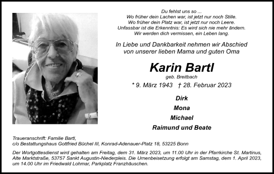 Anzeige von Karin Bartl von Kölner Stadt-Anzeiger / Kölnische Rundschau / Express