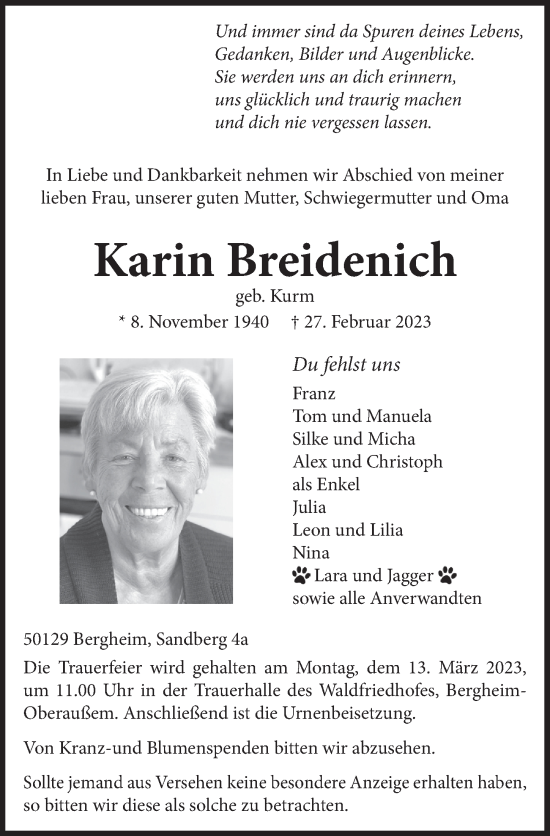 Anzeige von Karin Breidenich von  Wochenende  Werbepost 