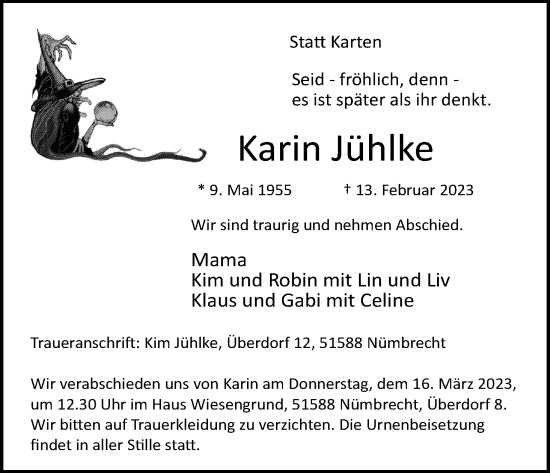 Anzeige von Karin Jühlke von Kölner Stadt-Anzeiger / Kölnische Rundschau / Express