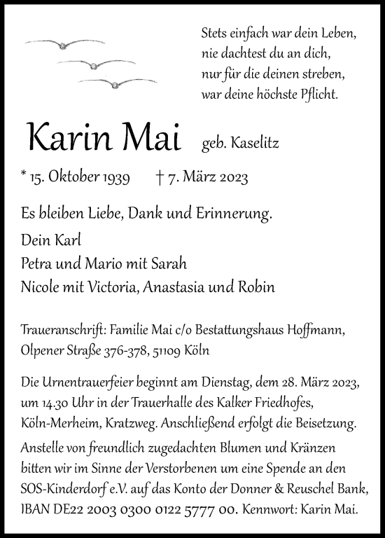 Anzeige von Karin Mai von Kölner Stadt-Anzeiger / Kölnische Rundschau / Express