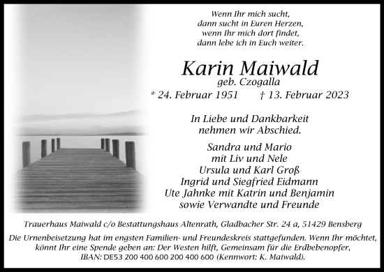 Anzeige von Karin Maiwald von Kölner Stadt-Anzeiger / Kölnische Rundschau / Express