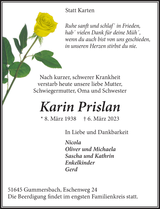 Anzeige von Karin Prislan von  Anzeigen Echo 