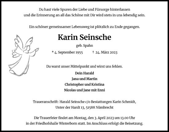 Anzeige von Karin Seinsche von Kölner Stadt-Anzeiger / Kölnische Rundschau / Express