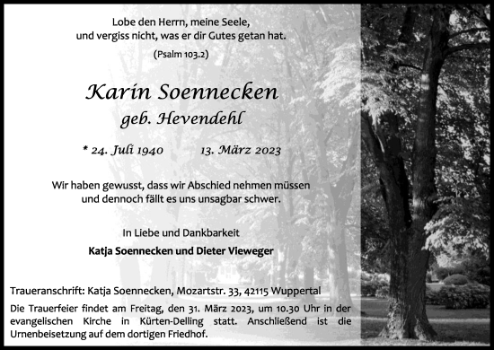 Anzeige von Karin Soennecken von Kölner Stadt-Anzeiger / Kölnische Rundschau / Express