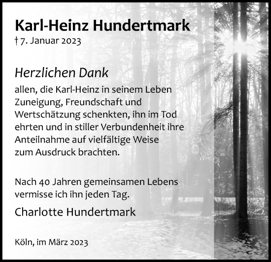 Anzeige von Karl-Heinz Hundertmark von Kölner Stadt-Anzeiger / Kölnische Rundschau / Express
