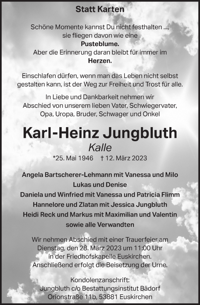  Traueranzeige für Karl-Heinz Jungbluth vom 25.03.2023 aus  Blickpunkt Euskirchen 