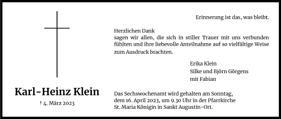 Anzeige von Karl-Heinz Klein von Kölner Stadt-Anzeiger / Kölnische Rundschau / Express