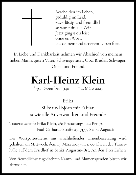 Anzeige von Karl-Heinz Klein von Kölner Stadt-Anzeiger / Kölnische Rundschau / Express