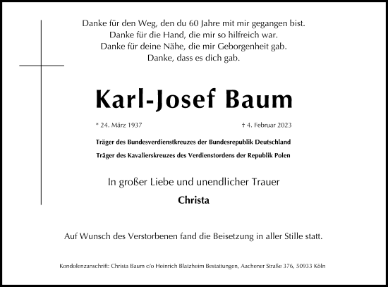 Anzeige von Karl-Josef Baum von Kölner Stadt-Anzeiger / Kölnische Rundschau / Express