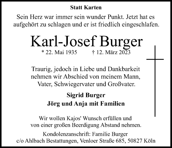 Anzeige von Karl-Josef Burger von Kölner Stadt-Anzeiger / Kölnische Rundschau / Express