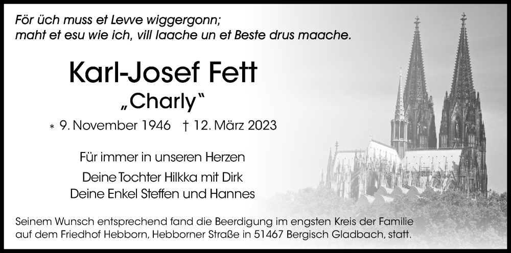  Traueranzeige für Karl-Josef Fett vom 25.03.2023 aus Kölner Stadt-Anzeiger / Kölnische Rundschau / Express