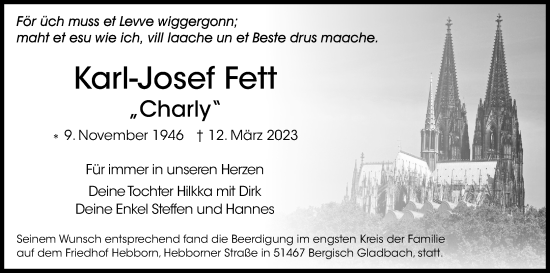 Anzeige von Karl-Josef Fett von Kölner Stadt-Anzeiger / Kölnische Rundschau / Express