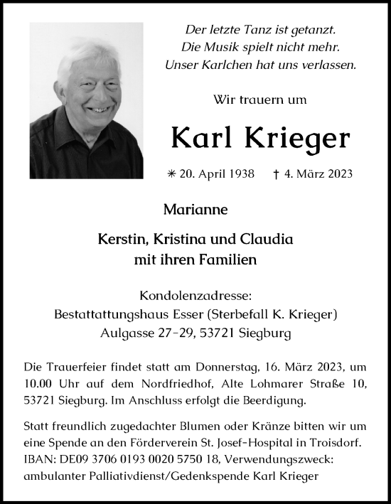 Anzeige von Karl Krieger von Kölner Stadt-Anzeiger / Kölnische Rundschau / Express