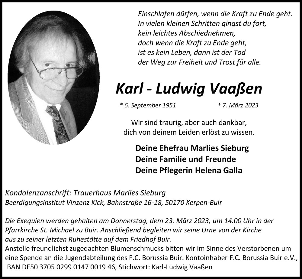  Traueranzeige für Karl-Ludwig Vaaßen vom 18.03.2023 aus Kölner Stadt-Anzeiger / Kölnische Rundschau / Express