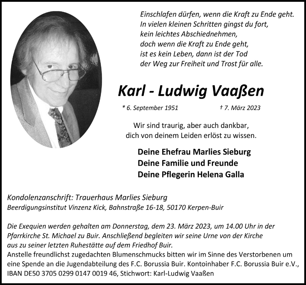  Traueranzeige für Karl-Ludwig Vaaßen vom 17.03.2023 aus  Werbepost 