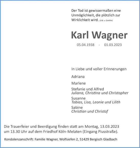 Anzeige von Karl Wagner von Kölner Stadt-Anzeiger / Kölnische Rundschau / Express