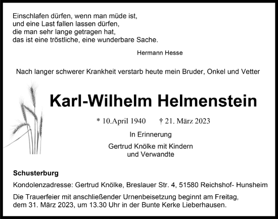 Anzeige von Karl-Wilhelm Helmenstein von  Anzeigen Echo 