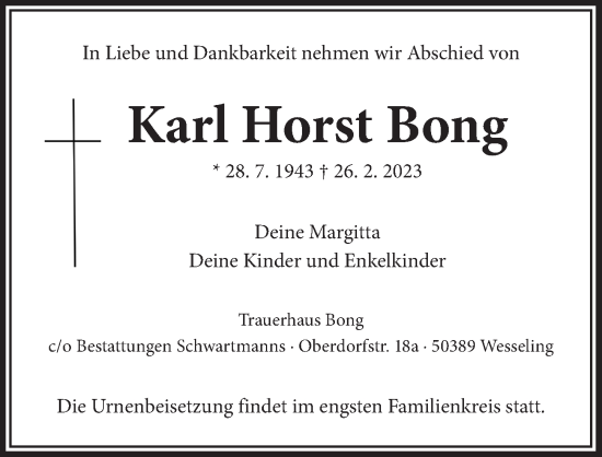 Anzeige von Karl Horst Bong von  Schlossbote/Werbekurier 