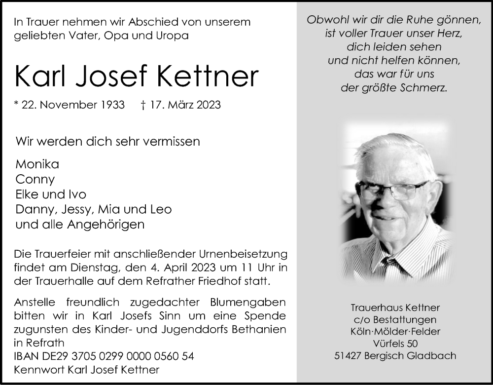 Traueranzeige für Karl Josef Kettner vom 25.03.2023 aus Kölner Stadt-Anzeiger / Kölnische Rundschau / Express