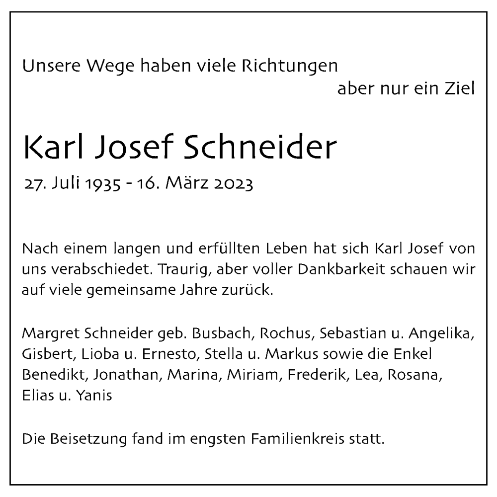  Traueranzeige für Karl Josef Schneider vom 25.03.2023 aus Kölner Stadt-Anzeiger / Kölnische Rundschau / Express