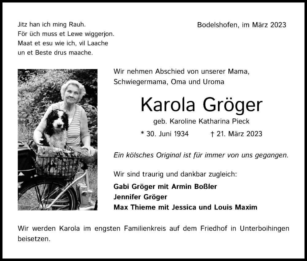  Traueranzeige für Karola Gröger vom 25.03.2023 aus Kölner Stadt-Anzeiger / Kölnische Rundschau / Express
