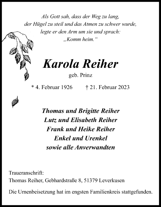 Anzeige von Karola Reiher von Kölner Stadt-Anzeiger / Kölnische Rundschau / Express