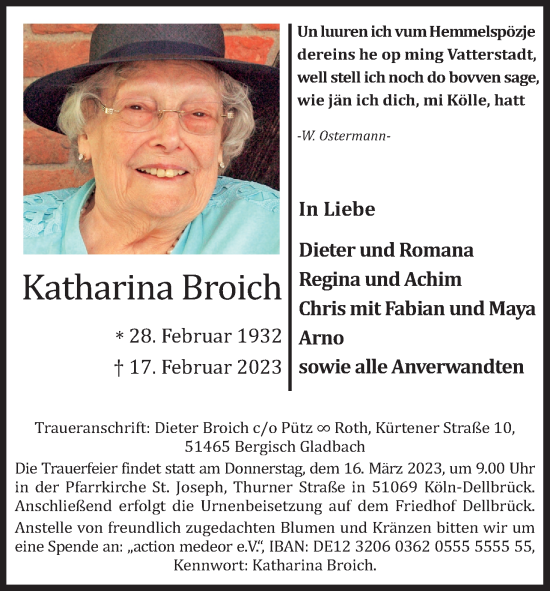 Anzeige von Katharina Broich von Kölner Stadt-Anzeiger / Kölnische Rundschau / Express