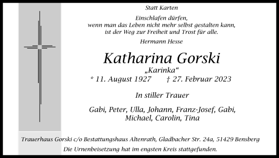 Anzeige von Katharina Gorski von Kölner Stadt-Anzeiger / Kölnische Rundschau / Express